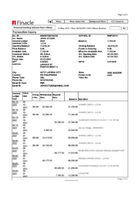 India Finacle bank statement in Excel and PDF format (2 pages)