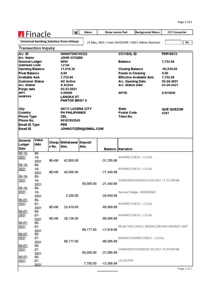 India Finacle bank statement in Excel and PDF format (2 pages)