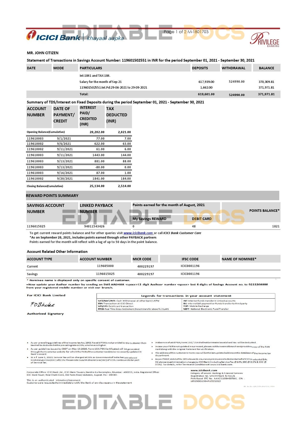 India ICICI Bank statement template in Excel and PDF format (2 pages)