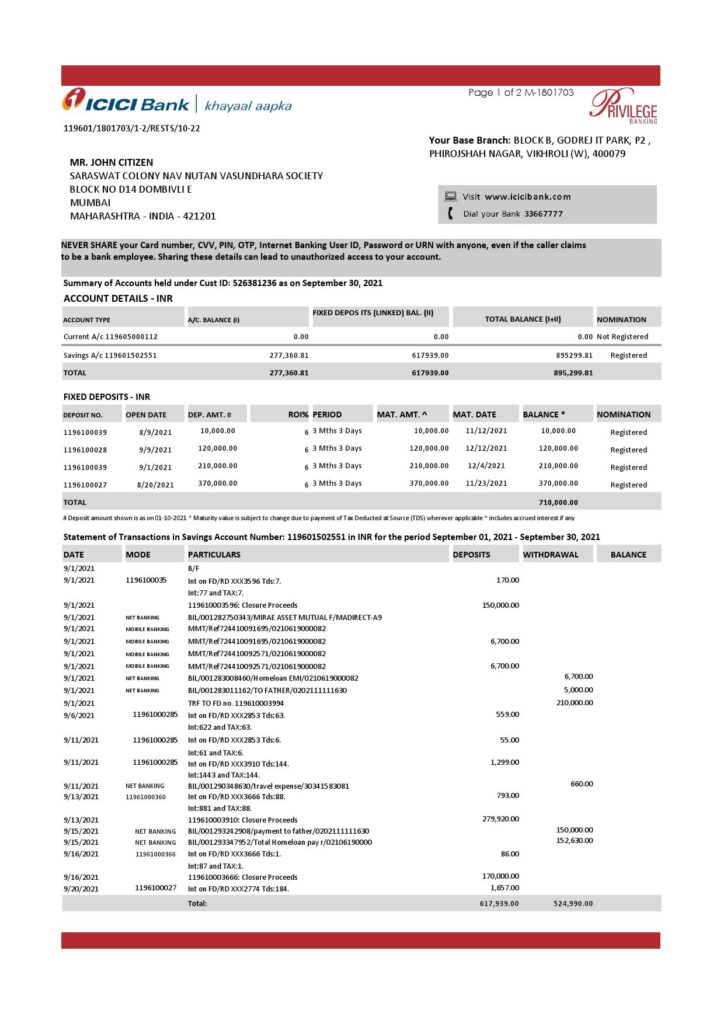 India ICICI Bank statement template in Excel and PDF format (2 pages)
