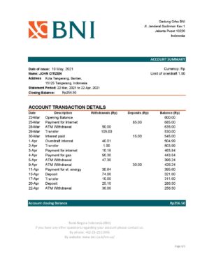 Indonesia Bank Negara Indonesia (BNI) bank statement easy to fill template in Excel and PDF format