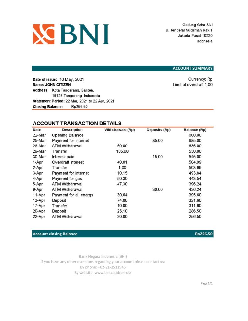Indonesia Bank Negara Indonesia (BNI) bank statement easy to fill template in Excel and PDF format