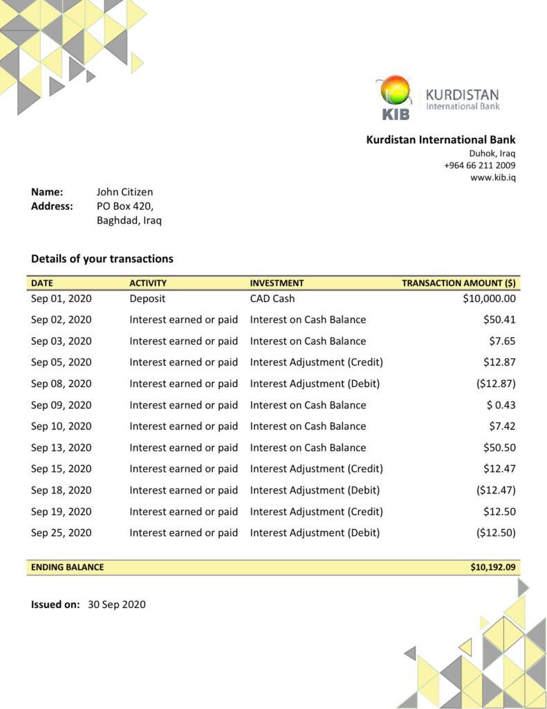 Iraq Kurdistan International Bank proof of address statement template in Excel and PDF format