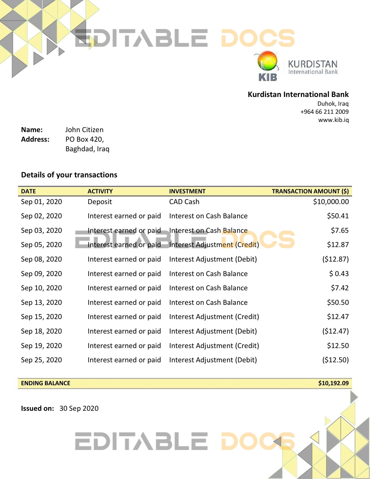 Iraq Kurdistan International Bank proof of address statement template in Excel and PDF format