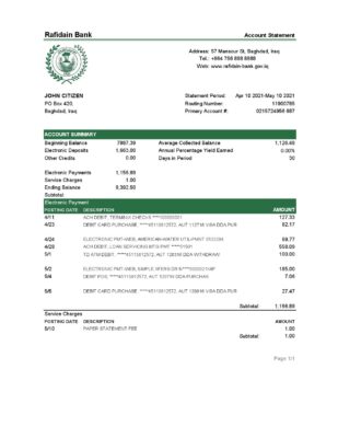 Iraq Rafidain Bank statement template in .xls and .pdf file format
