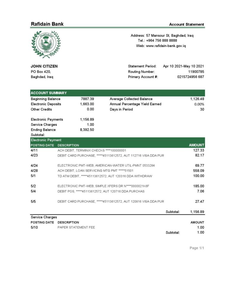 Iraq Rafidain Bank statement template in .xls and .pdf file format
