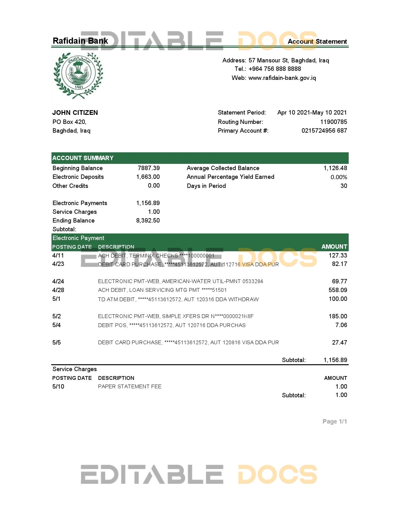 Iraq Rafidain Bank statement template in .xls and .pdf file format