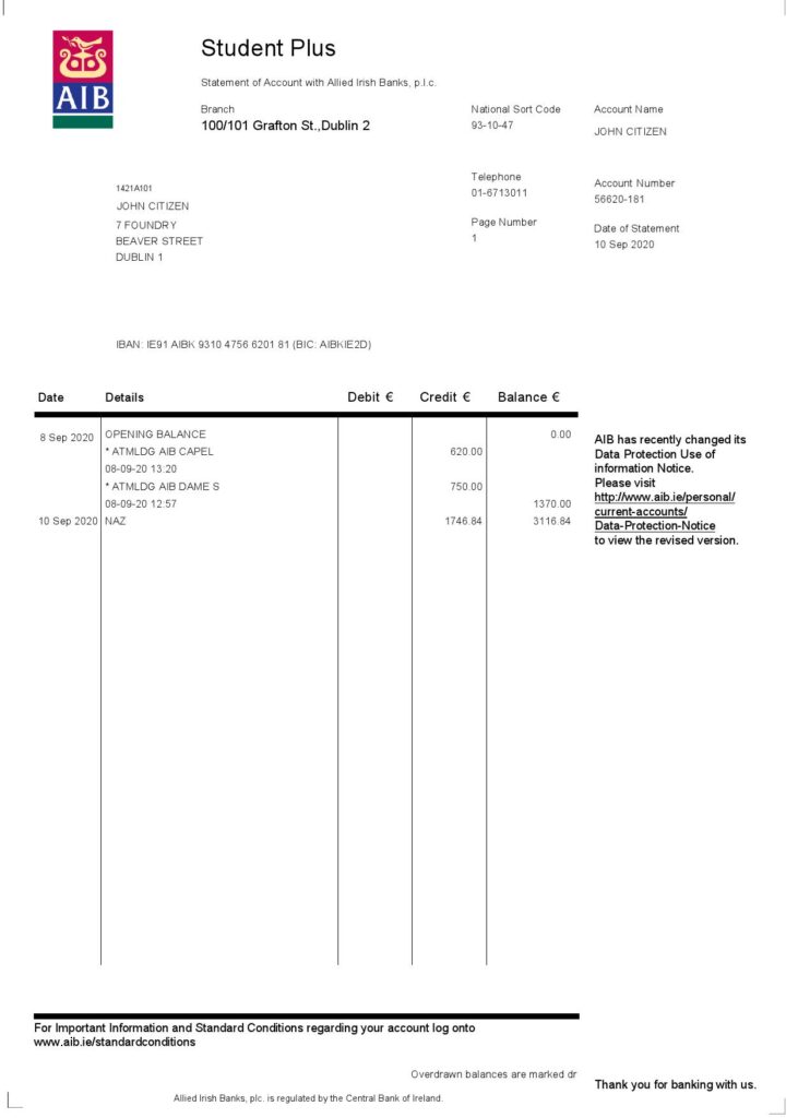 Ireland AIB bank statement template in Word and PDF format