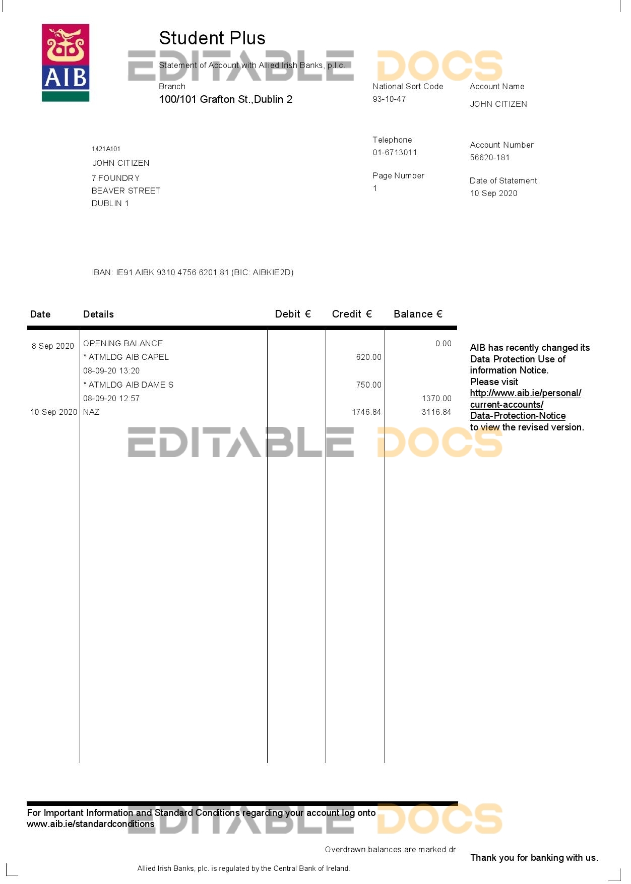 Ireland AIB bank statement template in Word and PDF format