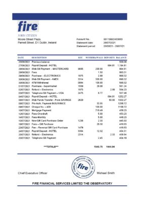 Ireland Fire Financial Services Limited account statement template in Excel and PDF format