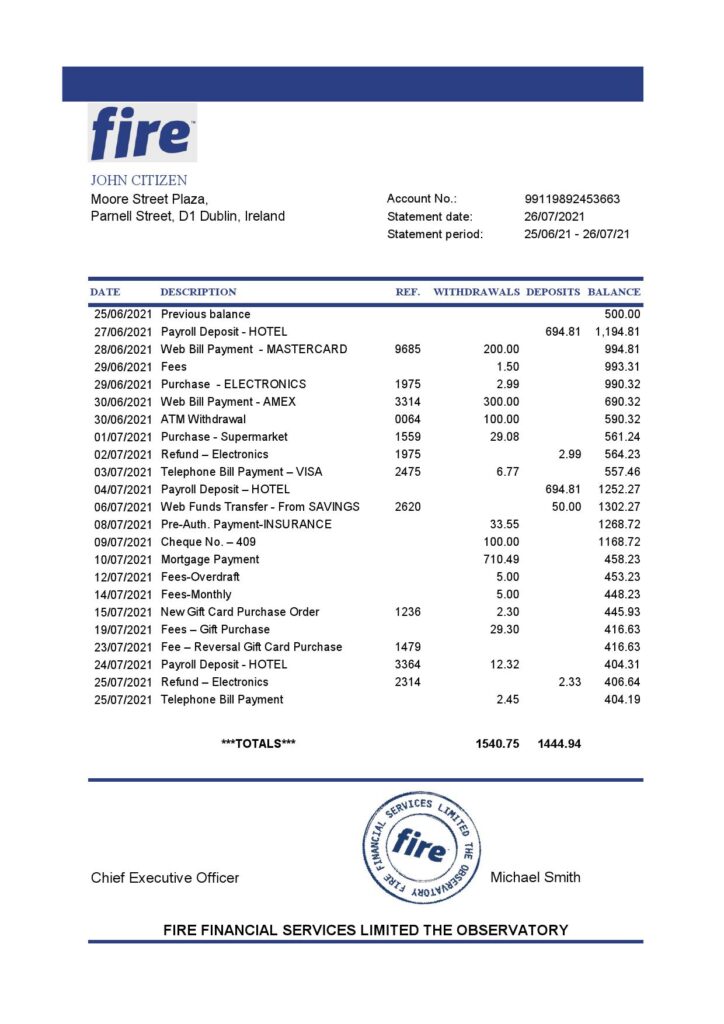 Ireland Fire Financial Services Limited account statement template in Excel and PDF format