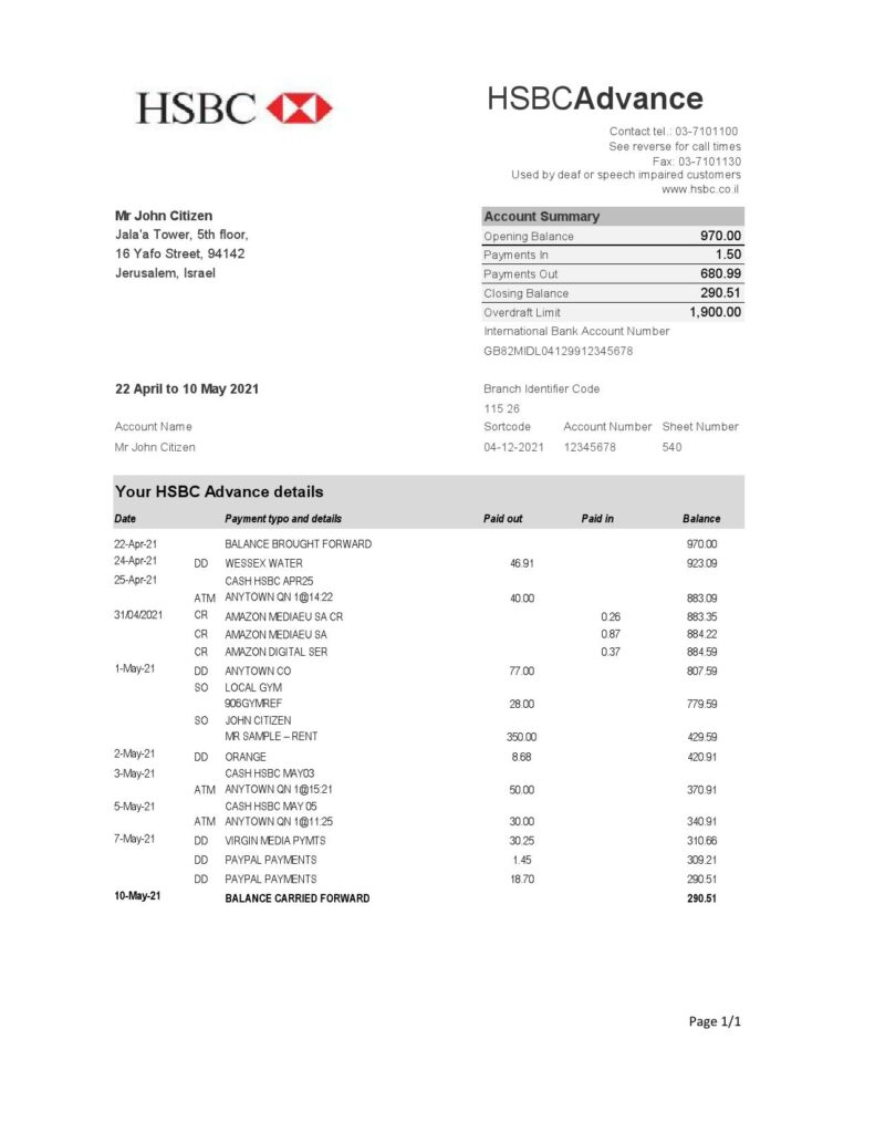 Israel HSBC bank statement easy to fill template in Excel and PDF format