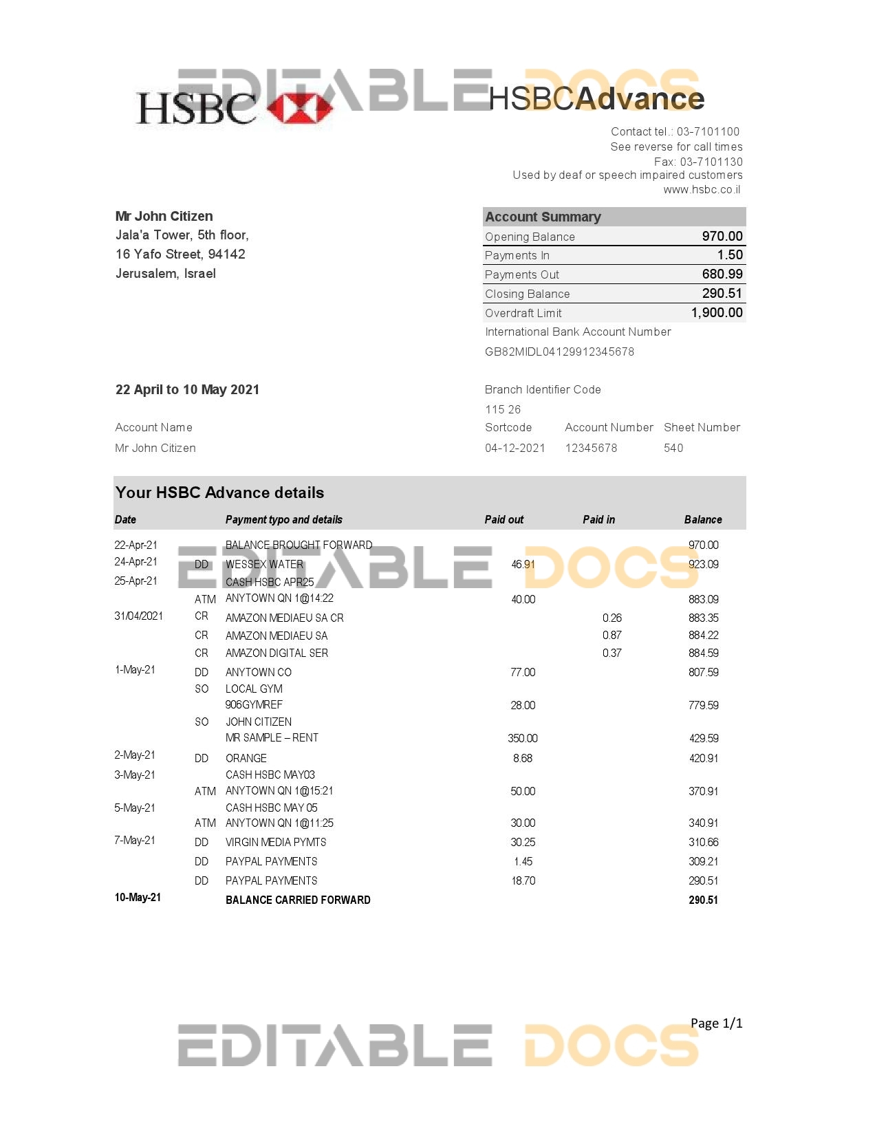 Israel HSBC bank statement easy to fill template in Excel and PDF format