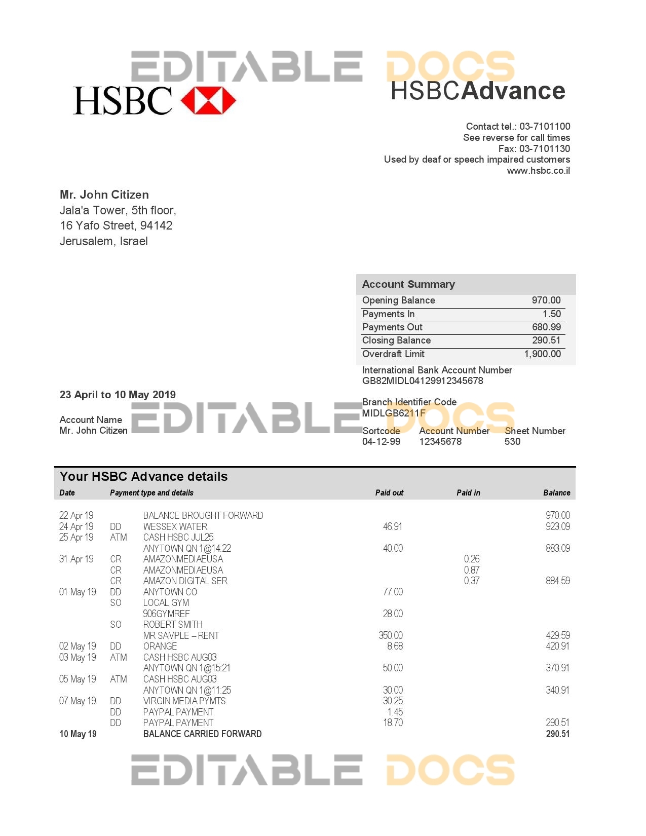 Israel HSBC proof of address bank statement template in Word and PDF format