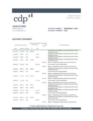 Italy Cassa Depositi e Prestiti bank statement easy to fill template in .xls and .pdf file format