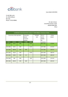 Italy Citibank bank statement easy to fill template in .xls and .pdf file format