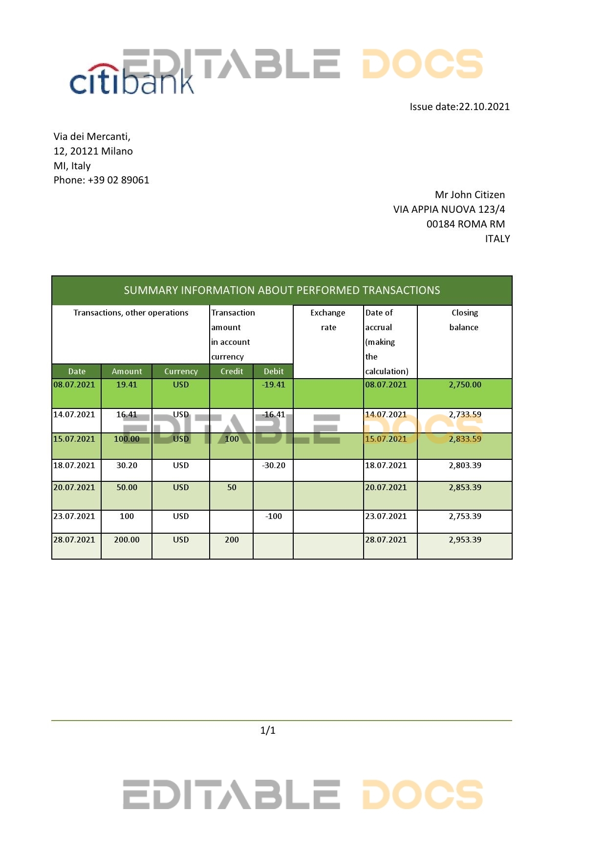 Italy Citibank bank statement easy to fill template in .xls and .pdf file format