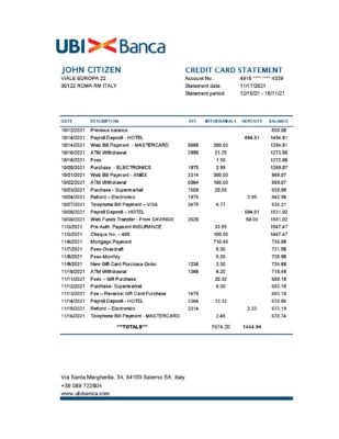 Italy UBI BANCA bank statement easy to fill template in Excel and PDF format