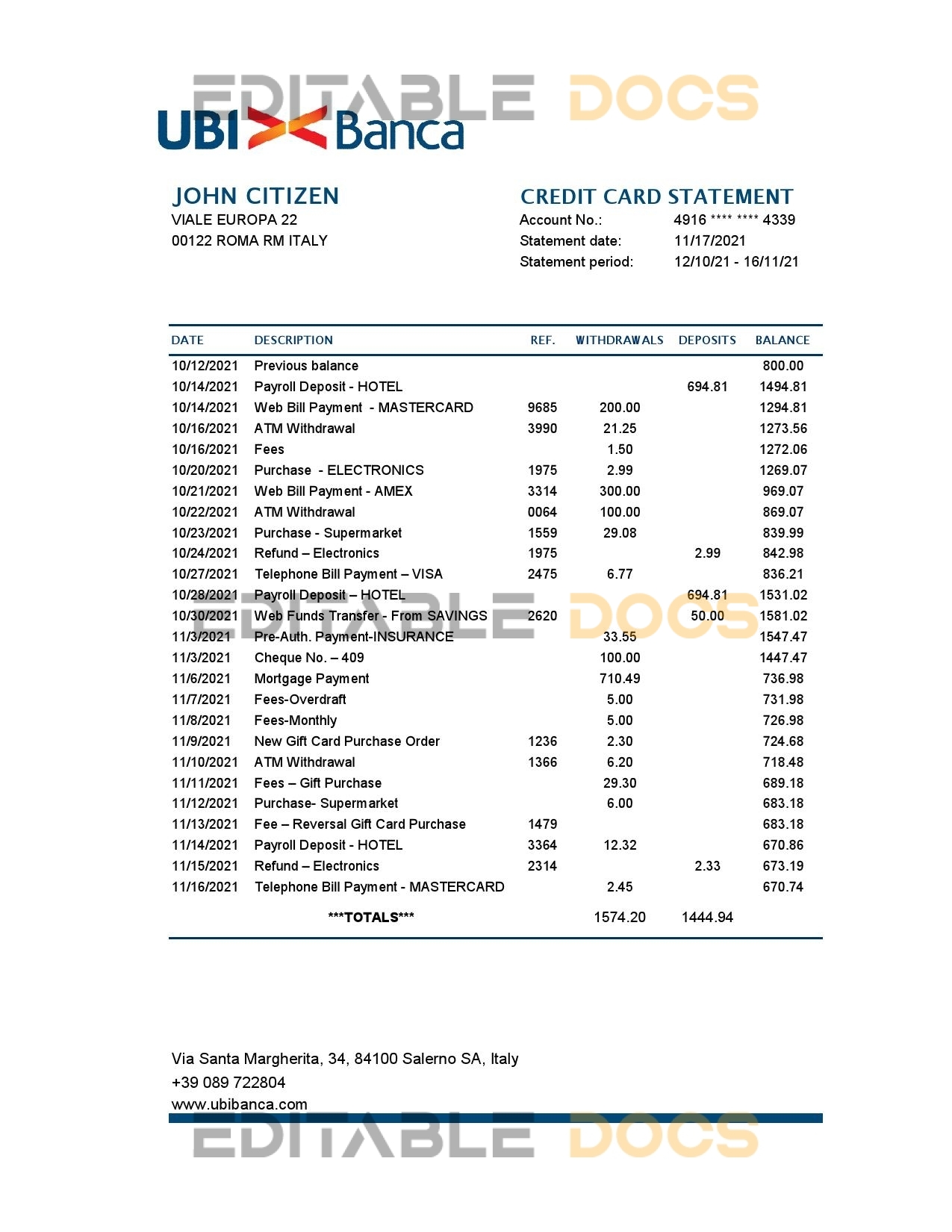 Italy UBI BANCA bank statement easy to fill template in Excel and PDF format