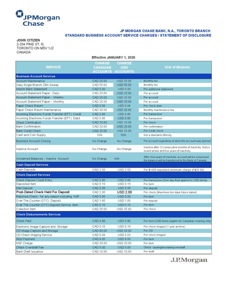Canada JP Morgan Chase proof of address bank statement template in Word and PDF format