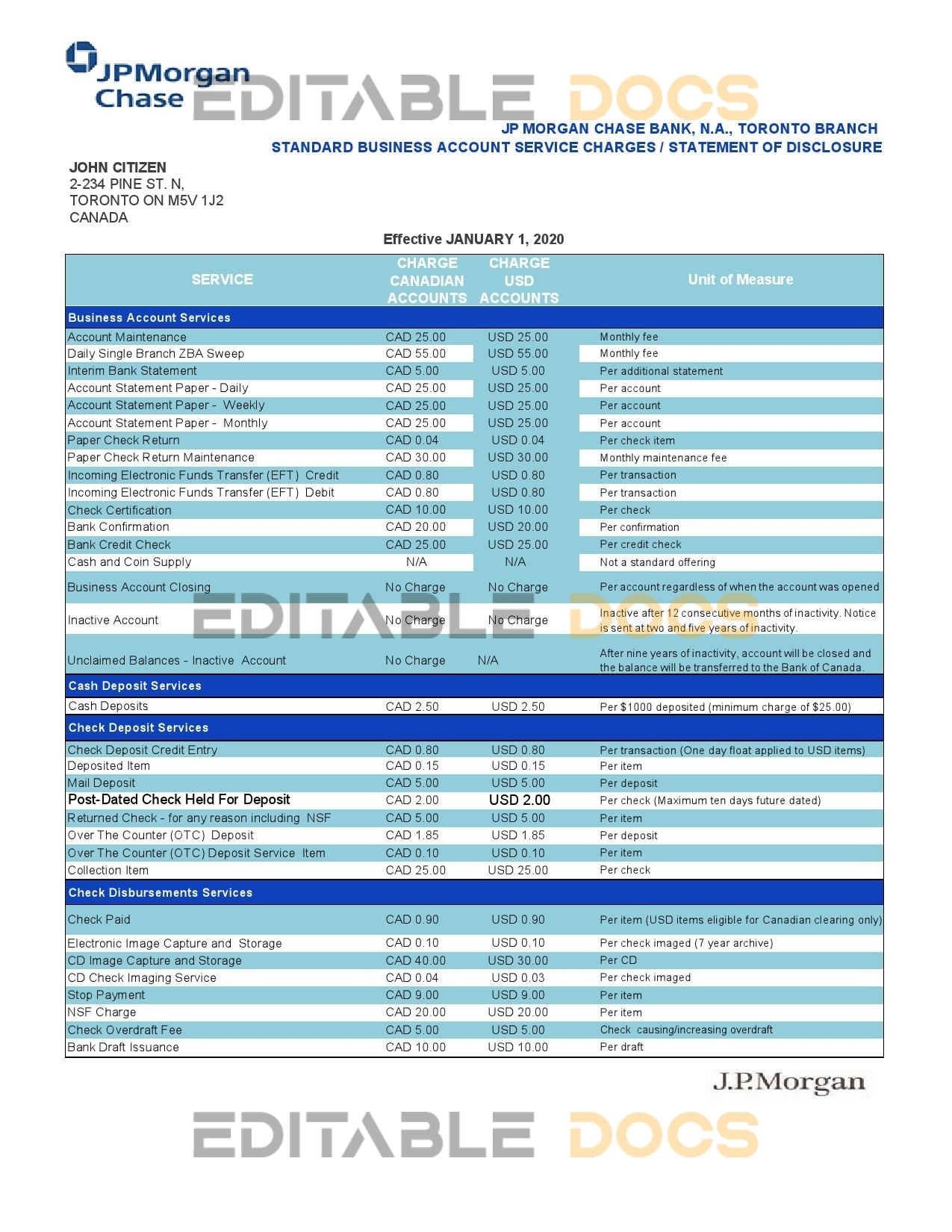 Canada JP Morgan Chase proof of address bank statement template in Word and PDF format