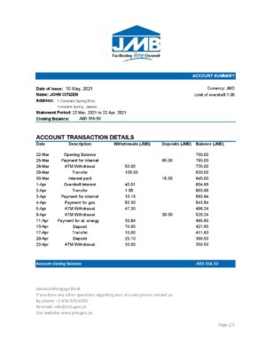 Jamaica Mortgage Bank statement easy to fill template in Excel and PDF format