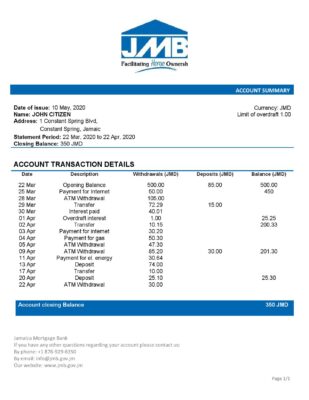 Jamaica Mortgage Bank statement template, Word and PDF format (.doc and .pdf)