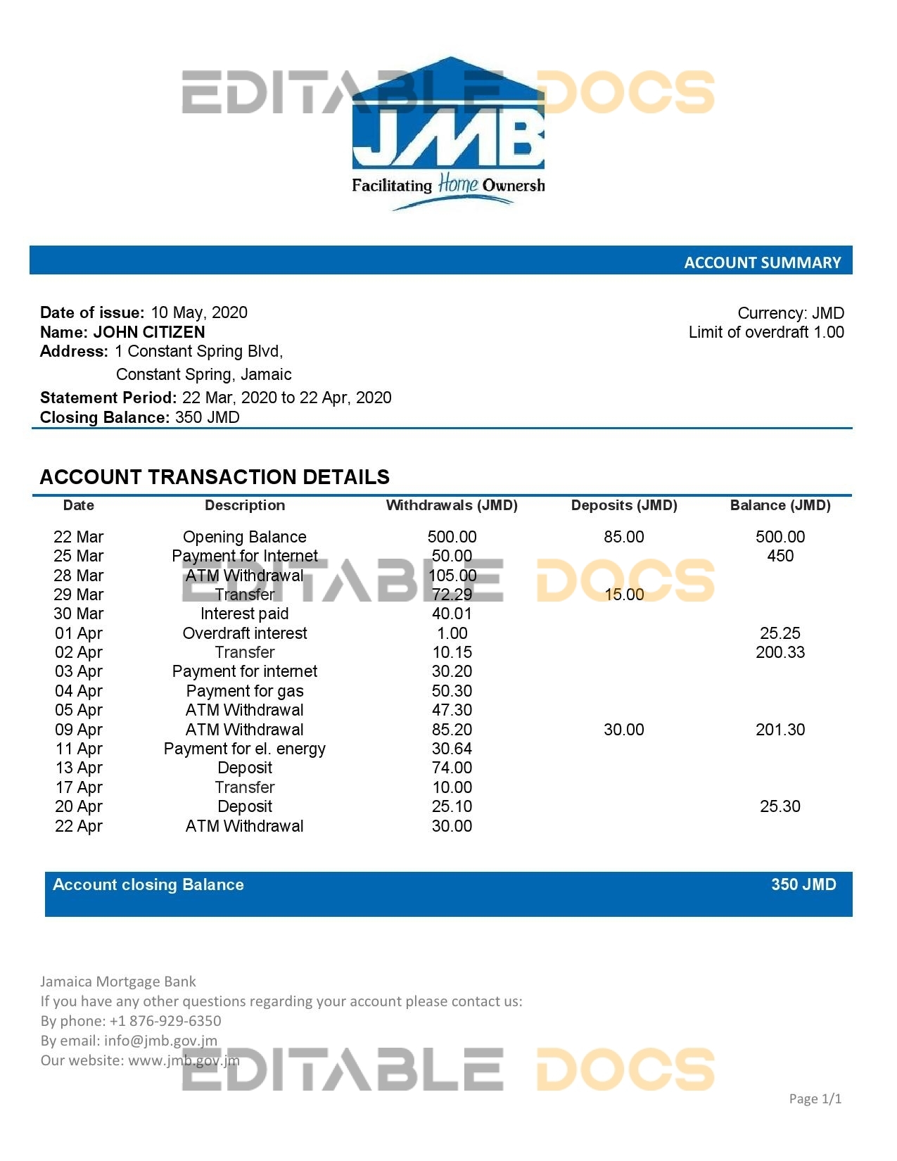 Jamaica Mortgage Bank statement template, Word and PDF format (.doc and .pdf)