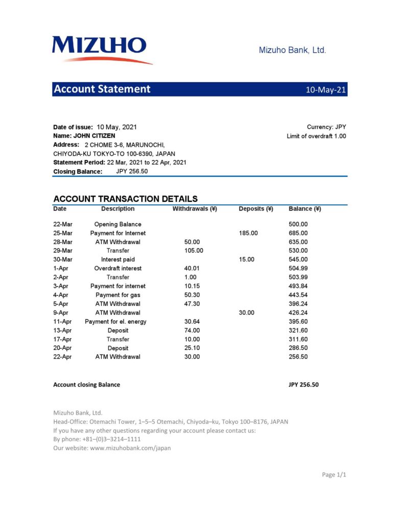 Japan Mizuho bank statement template in .xls and .pdf file format