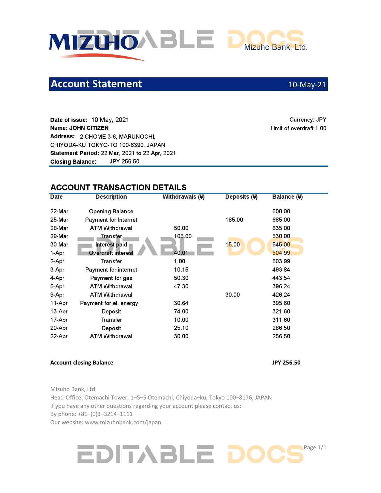 Japan Mizuho bank statement template in .xls and .pdf file format