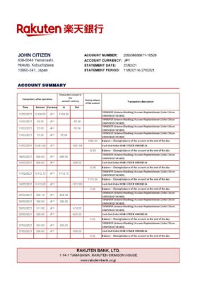 Japan Rakuten bank statement template in Excel and PDF format