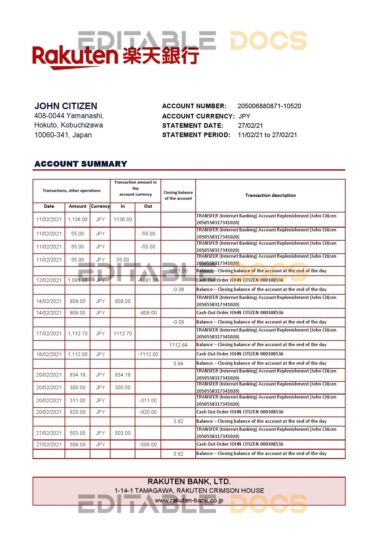 Japan Rakuten bank statement template in Excel and PDF format