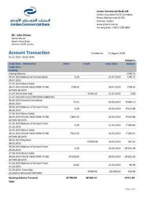 Jordan Commercial Bank statement easy to fill template in Word and PDF format