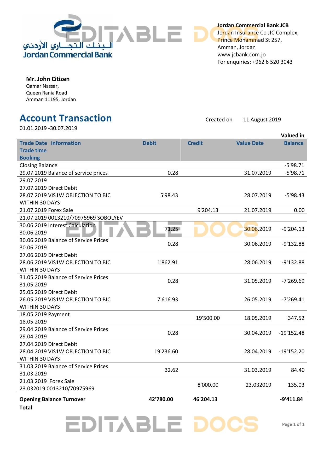 Jordan Commercial Bank statement easy to fill template in Word and PDF format