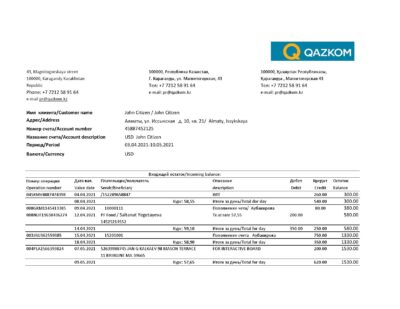 Kazakhstan Qazkom bank statement easy to fill template in Excel and PDF format