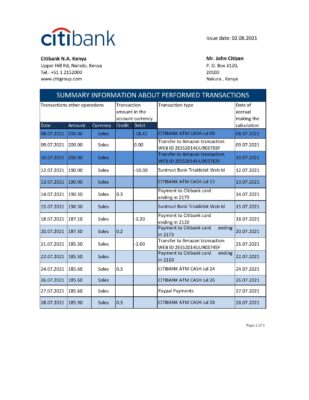 Kenya Citibank bank statement easy to fill template in .xls and .pdf file format
