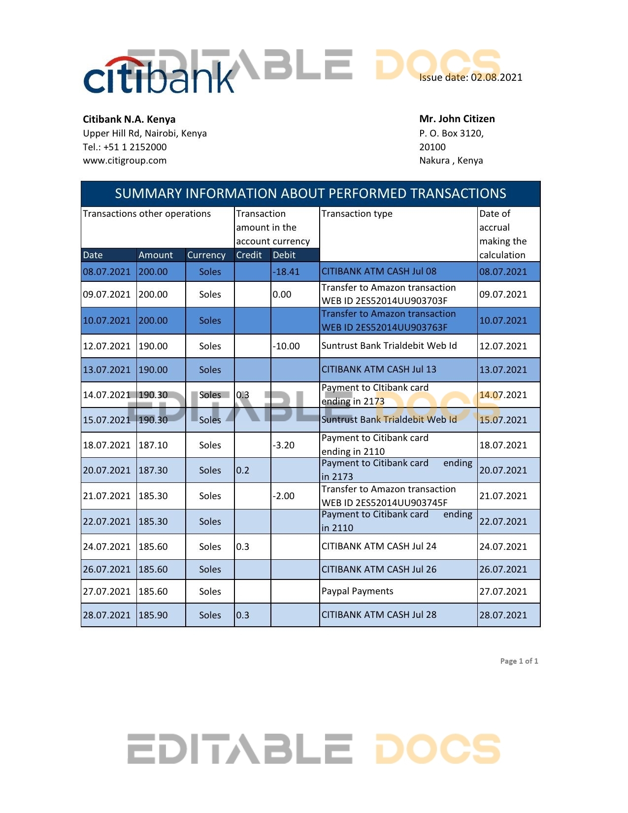 Kenya Citibank bank statement easy to fill template in .xls and .pdf file format