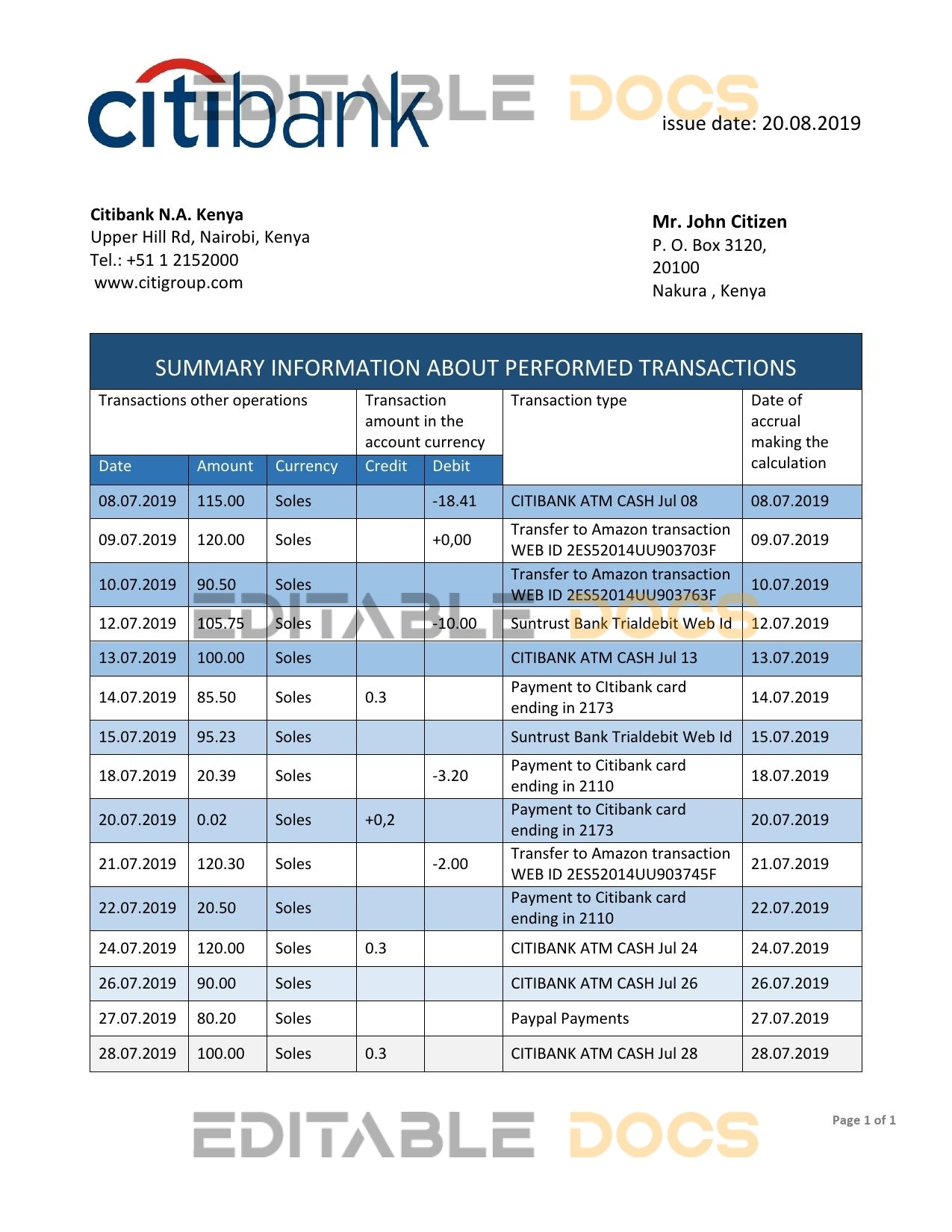 Kenya Citibank bank statement template in Word and PDF format