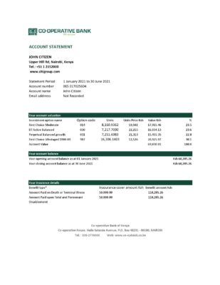 Kenya Co-operative Bank of Kenya bank statement easy to fill template in Excel and PDF format