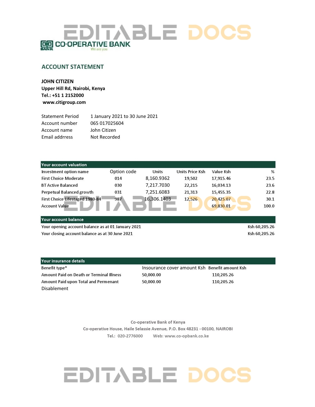 Kenya Co-operative Bank of Kenya bank statement easy to fill template in Excel and PDF format