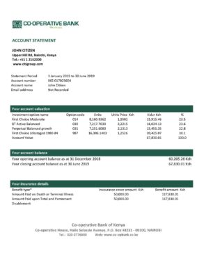 Kenya Co-Operative Bank proof of address statement template in Word and PDF format, .doc and .pdf format