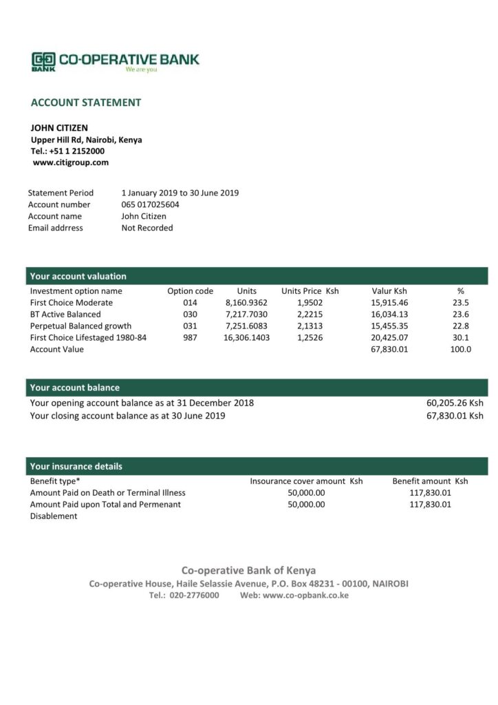 Kenya Co-Operative Bank proof of address statement template in Word and PDF format, .doc and .pdf format