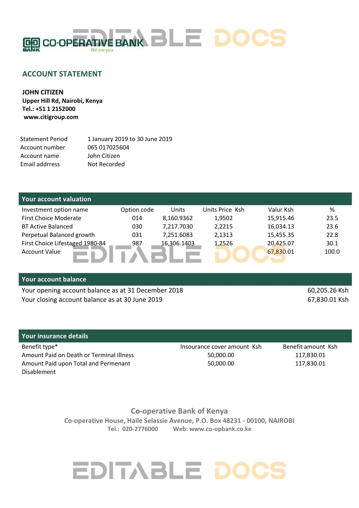 Kenya Co-Operative Bank proof of address statement template in Word and PDF format, .doc and .pdf format