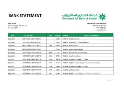 Kuwait Commercial Bank statement easy to fill template in .xls and .pdf file format