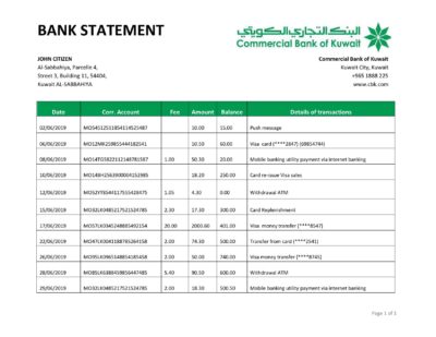 Kuwait Commercial Bank statement easy to fill template in Word and PDF format