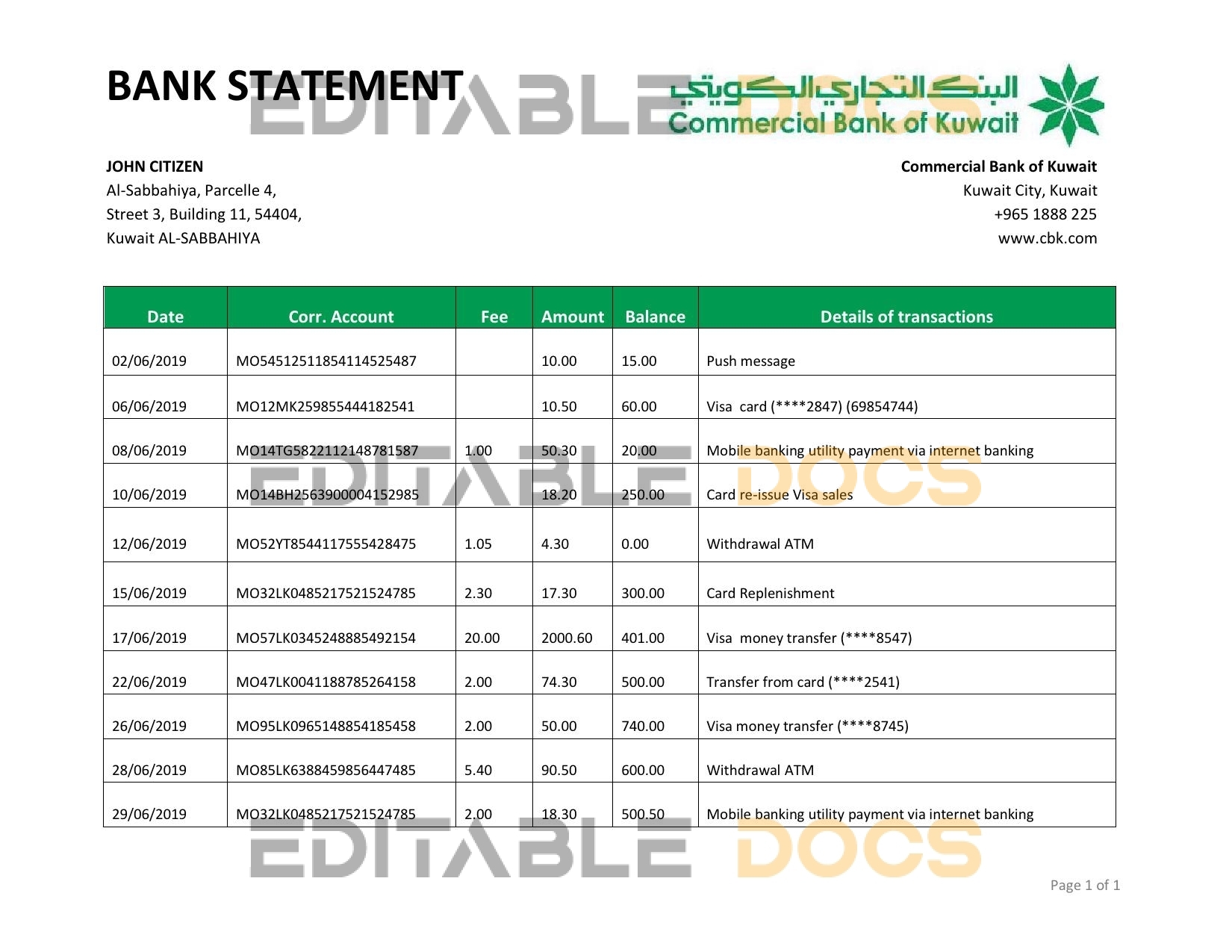 Kuwait Commercial Bank statement easy to fill template in Word and PDF format