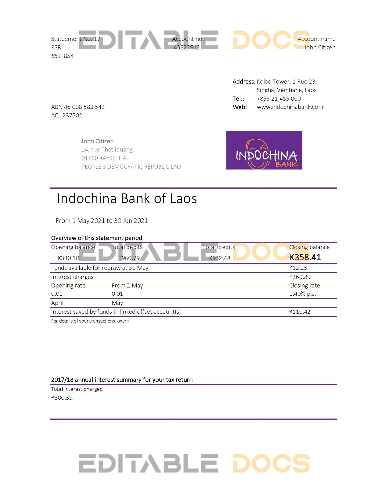 Laos Indochina Bank statement easy to fill template in Excel and PDF format
