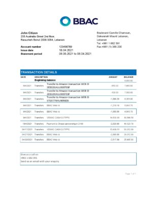 Lebanon BBAC Bank statement easy to fill template in .xls and .pdf file format