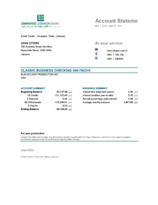Lebanon Emirates Lebanon Bank statement template in Excel and PDF format, good for address prove