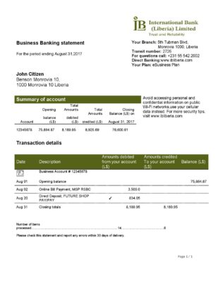 Liberia IB International Bank proof of address statement template in Word and PDF format